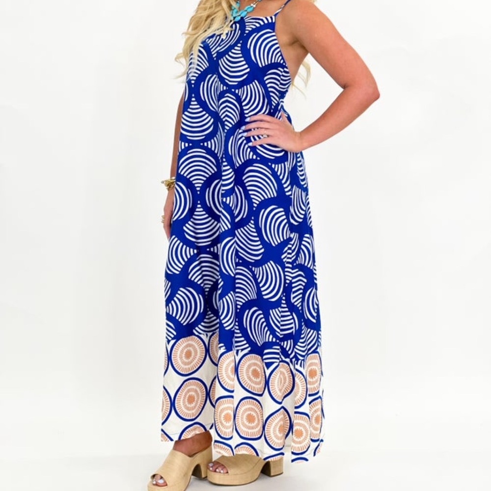 Blue and White Patterned Maxi Dress